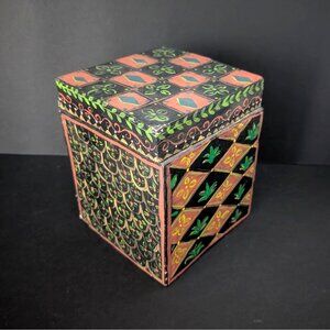 Hand Painted Folk Art Wooden Box With Hinged Lid Mackenzie Childs Style